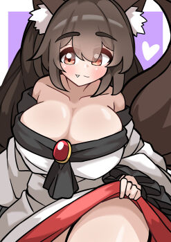 1girl :3 absurdres animal_ear_fluff animal_ears black_trim border breasts brooch brown_hair cleavage closed_mouth clothes_lift collarbone commentary_request double-parted_bangs dress dress_lift fang frilled_sleeves frills hair_between_eyes heart highres huge_breasts imaizumi_kagerou jewelry kkfri_2525 light_blush long_hair long_sleeves looking_at_viewer off-shoulder_dress off_shoulder purple_background red_dress red_eyes simple_background smile solo split_mouth tail touhou two-tone_dress very_long_hair white_border white_dress wide_sleeves wolf_ears wolf_girl wolf_tail