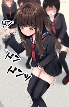 5girls absurdres afterimage arm_up artist_name between_legs black_sailor_collar black_shirt black_skirt black_thighhighs blunt_bangs blurry blurry_background blush brown_hair clenched_teeth embarrassed faceless faceless_female fate/extra fate_(series) female_focus flat_chest hand_between_legs have_to_pee highres japanese_text kishinami_hakuno_(female) knocking legs_together long_hair long_sleeves looking_down michinoku_(michino934) miniskirt motion_lines multiple_girls neckerchief orange_eyes people pleated_skirt queue red_neckerchief sailor_collar school_uniform serafuku shirt sidelocks signature skirt solo_focus standing teeth thighhighs thighs translation_request trembling twitter_username zettai_ryouiki