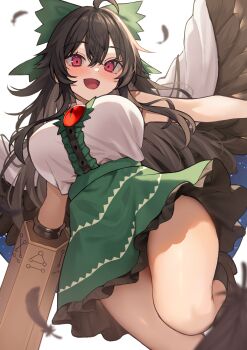 1girl ahoge arm_cannon bird_wings black_wings blurry blush bow breasts brown_hair brown_wings commentary_request depth_of_field falling_feathers feathers from_below green_bow green_skirt hair_between_eyes highres large_breasts long_hair looking_at_viewer miniskirt open_mouth reiuji_utsuho shirt shirt_tucked_in simple_background skirt smile solo thighs third_eye third_eye_on_chest touhou weapon white_background white_shirt wings wowoguni