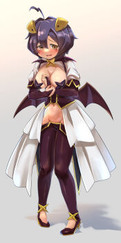 Rule 34 | 1girl, absurdres, ahoge, aq gohan, black hair, blush, breastless clothes, breasts, corset, cross, cross-shaped pupils, cross facial mark, cross pasties, embarrassed, facial mark, forward-facing horns, full body, high heels, highres, hiiragi utena, horns, lowleg, lowleg pants, magia baiser, magical girl, mahou shoujo ni akogarete, medium breasts, navel, pants, pasties, purple corset, purple pants, short hair, showgirl skirt, shrug (clothing), solo, standing, symbol-shaped pupils, white shrug, yellow eyes, yellow horns