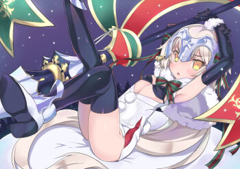 1girl arm_behind_head armpits arms_up bed_sheet bikini black_bikini black_gloves black_hair blonde_hair blush boots bow breasts capelet commentary_request dress elbow_gloves fate/grand_order fate_(series) fur_capelet gloves green_bow hair_bow jeanne_d&#039;arc_alter_santa_lily_(fate) lo_xueming loli looking_at_viewer lying on_back on_bed open_mouth purple_background red_bow short_dress small_breasts solo staff swimsuit white_boots white_capelet white_dress wrist_cuffs yellow_eyes