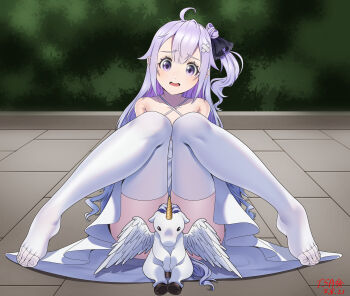 1girl absurdres ahoge armpit_crease azur_lane chinese_commentary collarbone commentary_request convenient_censoring criss-cross_halter dress embarrassed eyelashes hair_ribbon halterneck high_heels highres horns legs long_dress looking_at_viewer m_legs no_shoes open_mouth outdoors purple_eyes purple_hair ribbon shadow shiny_clothes side_ponytail sidelocks single_horn sitting sleeveless sleeveless_dress solo spread_legs thighhighs thighs toes tsa unicorn unicorn_(azur_lane) white_dress white_thighhighs winged_unicorn wings