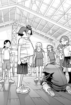 6+girls absurdres ankle_socks bangs_pinned_back ceiling_light clenched_hands closed_eyes closed_mouth commentary_request facial_mark freckles gavucchi glasses greyscale gym hair_ornament hairclip hatching_(texture) head_down highres holding indoors jacket kneehighs linear_hatching long_hair looking_at_another looking_down loose_socks medium_hair miniskirt monochrome multiple_girls original parody parted_hair people pleated_skirt ponytail raised_eyebrows scene_reference school_uniform shirt shoes short_hair short_sleeves shorts sitting skirt slam_dunk_(series) smile sneakers socks standing stifled_laugh tearing_up unworn_shirt wariza wooden_floor