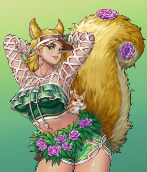 1girl absurdres animal_ears arms_behind_head blonde_hair breasts commentary cowboy_shot earrings english_commentary flower green_background green_eyes green_shorts green_tube_top grin highres hoop_earrings jewelry large_breasts looking_at_viewer marvel marvel_rivals medium_hair navel official_alternate_costume pink_flower pink_rose rose shorts silver_earrings smile solo_focus squirrel squirrel_ears squirrel_girl_(marvel) squirrel_girl_(sunshine_squirrel)_(marvel) squirrel_tail strapless tail tippy-toe tre_artz tube_top yellow_fur