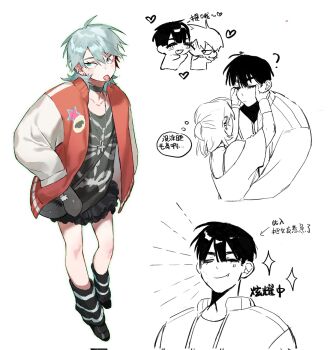 1boy 1girl ? alien_stage bag bite_mark bite_mark_on_cheek black_choker black_leg_warmers black_shirt black_shoes black_skirt chinese_commentary choker commentary_request corrupted_twitter_file crossbody_bag ear_piercing earrings fang frilled_skirt frills genderswap genderswap_(mtf) green_eyes grey_hair hands_in_pockets heart hetero highres ivan_(alien_stage) jacket jewelry leg_warmers letterman_jacket partially_translated piercing red_jacket shirt shoes short_hair shoulder_bag skeleton_print skirt striped_leg_warmers till_(alien_stage) tongue tongue_out tongue_piercing translation_request very_short_hair z1111zoey1