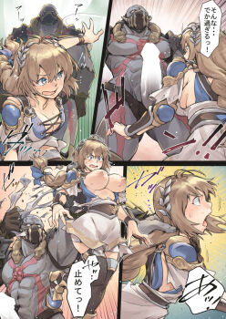 1boy 1girl 4koma ancient_greek_clothes armor armored_dress astaroth_(soulcalibur) blonde_hair blue_eyes braid breasts cleavage comic defeat dress greco-roman_clothes hair_between_eyes imminent_rape jelly_shrimp large_breasts laurel_crown long_hair low-tied_long_hair nipples penis penis_awe scared shoulder_pads single_braid sophitia_alexandra soul_calibur tearing_clothes thighhighs torn_clothes translation_request