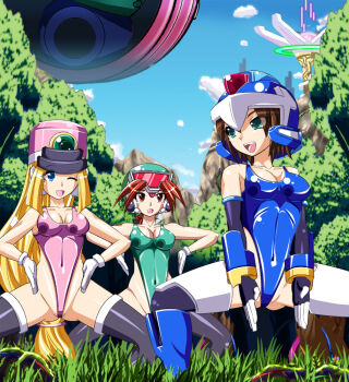 3girls aile_(mega_man_zx) ass bare_shoulders black_gloves black_legwear blonde_hair blue_eyes blue_leotard breasts brown_hair elbow_gloves gloves grass green_leotard guardians haigure haigure_pose happy hat helmet large_breasts leotard long_hair looking_at_another mega_man_(series) mega_man_zx mega_man_zx_advent model_x_(mega_man) mountain multiple_girls one_eye_closed open_mouth pink_leotard prairie_(mega_man) red_hair reploid shiny_skin skin_tight stocking stomach swimsuit teeth thick_thighs thighhighs thighs tongue tree white_gloves wide_hips