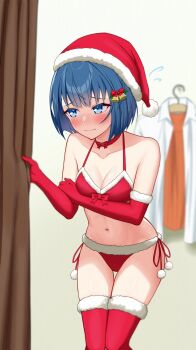 1girl arm_under_breasts bare_shoulders bell bikini blue_eyes blue_hair blurry blurry_background blush bob_cut bow bow_bikini bow_choker breasts choker christmas cleavage closed_mouth clothes_hanger collarbone commentary_request cowboy_shot elbow_gloves embarrassed facing_viewer fitting_room flying_sweatdrops fur-trimmed_bikini fur-trimmed_gloves fur-trimmed_headwear fur-trimmed_thighhighs fur_trim gloves hair_bell hair_ornament hat highres holding_own_arm indoors jingle_bell kiritani_haruka looking_to_the_side medium_breasts navel pom_pom_(clothes) project_sekai red_bikini red_choker red_gloves santa_bikini santa_costume santa_hat shirt shock_ekaki short_hair side-tie_bikini_bottom sidelocks sideways_glance small_breasts solo standing stomach swimsuit thigh_gap thighhighs thighs trying_on_clothes white_shirt