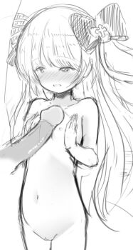 1boy 1girl bad_id bad_twitter_id breasts chaos_marie_(grimms_notes) cowboy_shot grimms_notes kiyoharu loli monochrome naizuri paizuri penis sketch small_breasts solo_focus standing