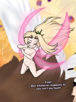 1boy 1girl blonde_hair breasts brown_eyes brown_hair fairy fairy_wings hair_ornament kid_icarus kid_icarus_uprising nintendo nude pit_(kid_icarus) ponytail pussy summerlumi viridi wings