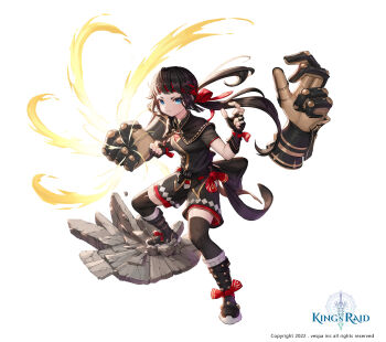 1girl absurdres ankle_ribbon back_ribbon belt black_belt black_boots black_capelet black_gauntlets black_gloves black_hair black_ribbon black_shirt black_shorts black_socks blue_eyes boots breasts broken_ground brown_gauntlets capelet commentary deepmaru energy english_commentary fighting_stance fingerless_gloves floating floating_object floating_weapon frown full_body gauntlets gloves hair_ribbon headband highres king&#039;s_raid large_ribbon leg_ribbon long_hair low_ponytail official_art ponytail powering_up red_headband red_ribbon ribbon setz_(king&#039;s_raid) shattered shirt shorts small_breasts socks solo stomping wrist_ribbon