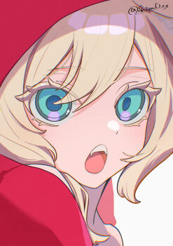 1girl :o absurdres bare_shoulders blonde_hair blue_eyes cloak close-up fangs highres hood hood_up little_red_riding_hood_(fairy_tale) little_red_riding_hood_(fairy_tale_character) looking_at_viewer medium_hair open_mouth original red_cloak red_hood shion5200 simple_background solo teeth upper_teeth_only white_background
