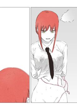 1girl absurdres arms_behind_back bottomless chainsaw_man comic egg_vibrator highres makima_(chainsaw_man) necktie nipple_stimulation red_hair ringed_eyes senaka_look sex_toy shirt vibrator vibrator_cord vibrator_on_nipple