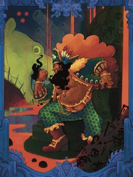 1boy arm_hair bandana belt belt_buckle black_hair bone bracelet brown_belt buckle cannon corpse dark-skinned_male dark_skin darkness ear_piercing earrings facial_hair fat fat_man floral_print_pants from_side full_body gold_bracelet green_pants grin hairy hat hat_feather highres hoop_earrings jacket jewelry jolly_roger male_focus marshall_d._teach multiple_bracelets multiple_rings nipple_piercing nipples octopus one_piece open_clothes open_jacket pants piercing pile_of_corpses pirate_hat plume ring sitting_on_throne skeleton skull skull_and_crossbones skull_pendant smile solo trickstermelon two-tone_feathers yellow_bandana