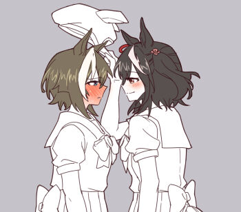 2girls animal_ears black_streaks blue_eyes blush bow bowtie brown_hair cheval_grand_(umamusume) closed_mouth commentary dumd english_commentary eye_contact grey_background highres horse_ears horse_tail kissing_barrier_(meme) kitasan_black_(umamusume) looking_at_another meme multiple_girls parted_lips partially_colored red_eyes removing_hat school_uniform serafuku simple_background smile tail tracen_school_uniform umamusume upper_body white_streaks yuri
