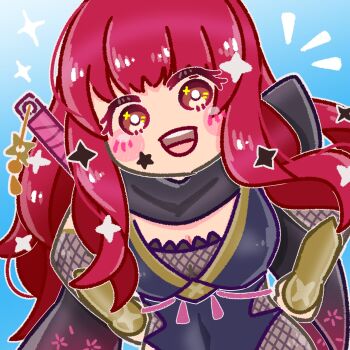 1girl black_scarf bodystocking breasts chibi chibi_only cleavage facial_mark fire_emblem fire_emblem_engage fire_emblem_heroes fishnet_bodystocking fishnets highres long_hair m567fe medium_breasts ninja nintendo official_alternate_costume red_eyes red_hair scarf shuriken_hair_ornament solo star_(symbol) star_facial_mark yunaka_(fire_emblem) yunaka_(stealthy_imitator)_(fire_emblem)