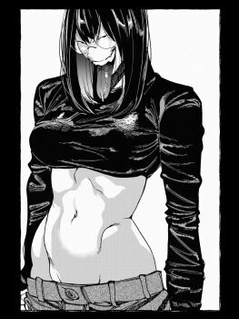 1girl black_border black_shirt border greyscale hachinuki_tessei highres jimiko jitome long_hair long_sleeves long_tongue midriff mob_face moire monochrome navel open_mouth original pants round_eyewear saliva she_(hachinuki_tetsuyo) shirt simple_background smile solo teeth tongue tongue_out white_background