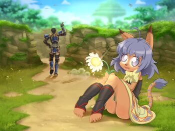 1boy 1girl 6_9 adventurer_(ff11) ahoge animal_ears armor armored_boots black_hair black_shirt blue_armor boots bow bowtie cat_ears cat_girl commentary daniel_renard day drooling english_commentary fang final_fantasy final_fantasy_xi flower full_body gauntlets glint grass grey_eyes grey_hair highres hume mithra_(ff11) ojha_rhawash open_mouth outdoors pauldrons shirt short_hair shoulder_armor sitting sleeveless sleeveless_shirt smile standing toeless_legwear white_flower yellow_bow yellow_bowtie yellow_shirt