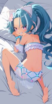 1girl absurdres ass back barefoot bikini bikini_skirt blue_eyes commission dimples_of_venus flower frilled_bikini frills grin hair_flower hair_ornament highres indie_virtual_youtuber long_hair looking_at_viewer looking_back ogaoekaki pink_hair ponytail skeb_commission smile soles solo swimsuit teeth toes zenya_hima