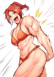 1girl abs bikini breasts flexing harurukan highres large_breasts looking_at_viewer midriff muscular muscular_female original ponytail red_eyes red_hair short_hair simple_background smile stomach swimsuit thick_thighs thighs triceps