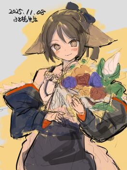 Rule 34 | 1girl, absurdres, animal ears, arknights, bare shoulders, black bow, black skirt, black sleeves, blush stickers, bouquet, bow, brown background, brown eyes, brown flower, brown hair, closed mouth, commentary request, dated, detached sleeves, flower, grey background, hair bow, highres, holding, holding bouquet, kamui0226, long hair, long sleeves, perfumer (arknights), purple flower, red flower, sketch, skirt, smile, solo, two-tone background