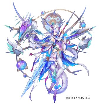 1girl animal_hands blue_hair character_request clawed_feet closed_mouth commentary_request copyright_notice covered_navel hair_intakes hat highres holding holding_weapon multicolored_hair one_eye_closed oshiro_project:re red_eyes solo streaked_hair tail weapon white_background white_hair white_hat z-ton