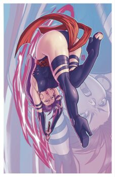 1girl acecore2k arms_up ass blue_eyes boots border breasts bridal_gauntlets commentary earrings english_commentary glowing glowing_sword glowing_weapon high_heel_boots high_heels highleg highleg_leotard highres holding holding_above_head holding_sword holding_weapon hoop_earrings jewelry katana leotard long_hair looking_at_viewer marvel open-toe_boots open_mouth pink_nails psylocke purple_boots purple_bridal_gauntlets purple_hair purple_leotard red_sash sash solo sword upside-down weapon white_border x-men zoom_layer