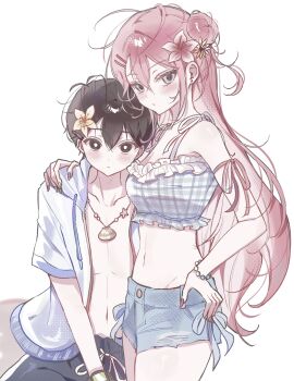 arm_around_shoulder aubrey_(faraway)_(omori) aubrey_(omori) bikini blue_eyes blue_nails blush collarbone commentary denim denim_shorts dot_nose drawstring earrings flower flower_on_head hair_between_eyes hair_ornament hairclip hand_on_own_hip highres jacket jeans jewelry long_hair looking_at_viewer messy_hair midriff multicolored_nails navel necklace omori open_clothes open_jacket pants pink_hair pink_nails shell shell_necklace shorts simple_background single_earring sunny_(omori) swimsuit tankini upper_body white_background wktdms1 yellow_nails