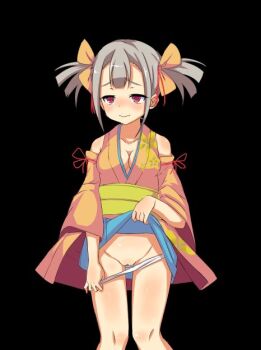 1girl anime_coloring black_background blue_skirt blush bow breasts cleavage cleft_of_venus clothes_lift collarbone come_hither cowboy_shot detached_sleeves game_cg grey_hair hair_between_eyes hair_bow japanese_clothes kimono large_variant_set lifting_own_clothes medium_breasts miniskirt mizuha_(toraware_no_kami-sama) no_pants obi panties panty_pull pencil_skirt pigeon-toed pulling_own_clothes pussy raised_inner_eyebrows red_eyes sash short_hair short_kimono shoulder_blush simple_background skirt skirt_lift sleeveless sleeveless_kimono smile solo standing tachi-e tachinori_buranko thighs toraware_no_kami-sama_to_tabi_no_shoujo twintails underwear variant_set wavy_mouth white_panties wide_sleeves yellow_bow yellow_kimono yellow_sash