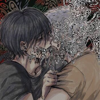 2boys black_hair black_shirt body_horror closed_eyes clothes_grab couple french_kiss highres hikaru_ga_shinda_natsu indou_hikaru kiss male_focus multiple_boys rxdkxssxs shirt shirt_grab short_hair tsujinaka_yoshiki white_hair yaoi yellow_shirt