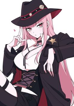 1girl adjusting_clothes adjusting_headwear aneco_(westsea1227) arm_support black_choker black_jacket breasts chaps choker cleavage corset cowboy_hat cowboy_western hat hat_ornament heart highres hololive hololive_english jacket large_breasts long_hair mori_calliope mori_calliope_(sheriff) pink_eyes pink_hair sheriff_badge sidelocks sitting skull_hat_ornament very_long_hair virtual_youtuber