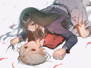 Rule 34 | 2girls, absurdres, aqua ribbon, belt, black hair, black socks, blonde hair, blue belt, blue dress, blue ribbon, closed mouth, collared shirt, commentary request, dkl (dinosaurkl2), dress, dress shirt, grey dress, hair ribbon, highres, holding hands, inoue takina, jewelry, kneehighs, long hair, long sleeves, looking at viewer, lycoris recoil, lycoris uniform, lying, multiple girls, neck ribbon, necklace, necklace in mouth, nishikigi chisato, on back, petals, pleated dress, purple eyes, red dress, red eyes, red ribbon, ribbon, shirt, short hair, sidelocks, socks, sparkle, white shirt, wife and wife, yuri