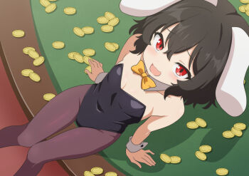 1girl animal_ears black_hair black_leotard bow bowtie brown_pantyhose cato_(monocatienus) commentary_request covered_erect_nipples detached_collar flirting grin highres inaba_tewi leotard pantyhose rabbit_ears red_eyes sly smile smug solo strapless strapless_leotard touhou white_wrist_cuffs wrist_cuffs yellow_bow yellow_bowtie