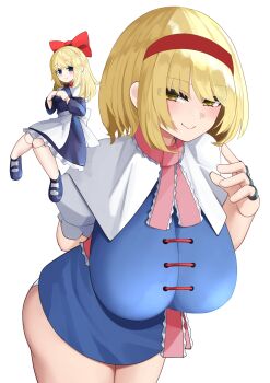 1girl absurdres alice_margatroid black_shoes blonde_hair blue_dress blue_eyes blush breasts capelet closed_mouth commentary_request doll doll_joints dress hairband highres huge_breasts joints leaning_forward long_sleeves looking_at_viewer panties panty_peek shanghai_doll shinonome_zakuro shoes short_sleeves smile solo thighs touhou underwear white_background white_capelet white_panties white_sleeves yellow_eyes