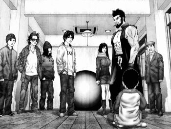 1girl 6+boys beard black_bodysuit black_hair bodysuit boots breasts brown_eyes brown_hair collared_shirt denim denim_skirt facial_hair full_body gantz glass goatee hands_in_pockets hat highres holding hood hoodie indoors jacket jeans katou_masaru kaze_daizaemon kurono_kei lamp large_breasts lips long_hair miniskirt multiple_boys muscular muscular_male oku_hiroya open_mouth pants parted_lips scarf shimohira_reika shirt shoes sideburns simple_background skirt standing teeth thick_eyebrows vest wooden_floor