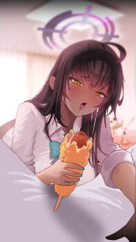 1girl absurdres ahoge artistic_error belt_buckle black_hair blue_archive blue_nails blurry blurry_background blush buckle collared_shirt commentary dark-skinned_female dark_skin food furrowed_brow glint hair_between_eyes hair_over_shoulder halo hand_up highres holding holding_food hot_dog indoors karin_(blue_archive) karin_(school_uniform)_(blue_archive) long_hair long_sleeves looking_at_food nail_polish nose_blush official_alternate_costume open_mouth purple_halo raebeko saliva saliva_trail school_uniform sexually_suggestive shirt sleeves_rolled_up solo tongue tongue_out tsurime upper_body white_shirt yellow_eyes