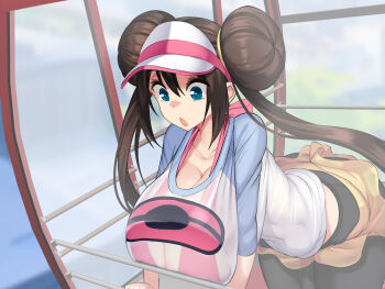 1girl bikini black_pantyhose blue_eyes breast_press breasts brown_hair cleavage collarbone double_bun ferris_wheel hair_between_eyes hair_bun highres huge_breasts kawahagitei long_hair looking_down nintendo open_mouth pantyhose pink_bikini poke_ball_print pokemon pokemon_bw2 raglan_sleeves rosa_(pokemon) see-through_clothes shorts sidelocks swimsuit visor_cap yellow_shorts