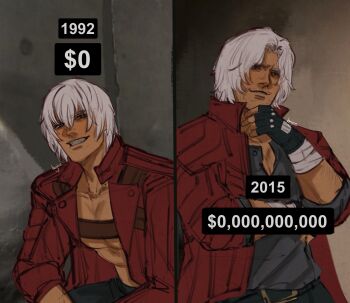 2boys belt_bra black_gloves blue_eyes coat dante_(devil_may_cry) devil_may_cry devil_may_cry_(series) devil_may_cry_3 devil_may_cry_5 fingerless_gloves gloves hejee highres jacket looking_at_viewer male_focus multiple_boys red_coat short_hair simple_background smile white_hair