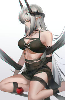 1girl absurdres apple arknights bare_shoulders barefoot bbgg_(pixiv_77795272) bikini black_bikini black_horns breasts bright_pupils chinese_commentary cleavage closed_mouth collarbone commentary_request feet_out_of_frame flower food fruit grey_hair highres horns jewelry large_breasts legs long_hair looking_to_the_side material_growth mudrock_(arknights) mudrock_(silent_night)_(arknights) official_alternate_costume oripathy_lesion_(arknights) pointy_ears red_eyes sidelocks simple_background solo swimsuit thighs white_background white_pupils