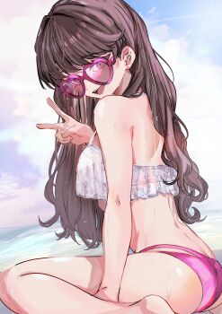 1girl :d bikini breasts brown_hair commentary frilled_bikini frills fujishima_megumi fujishima_megumi_(swimsuit) halterneck heart heart-shaped_eyewear highres jin_(oihlf) large_breasts link!_like!_love_live! long_hair looking_at_viewer love_live! median_furrow mismatched_bikini multi-strapped_bikini_bottom official_alternate_costume open_mouth pink-framed_eyewear pink_bikini purple_eyes shoulder_blades sitting smile solo sunglasses swimsuit symbol-only_commentary v virtual_youtuber wet white_bikini
