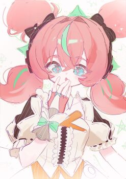 1girl aria_(zenless_zone_zero) blush bow fingerless_gloves gloves green_bow green_eyes green_hair hair_ornament highres long_hair looking_at_viewer multicolored_hair pink_hair shirt siomimi white_shirt zenless_zone_zero zipper