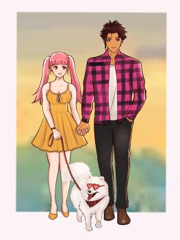 brown_hair claude_von_riegan dog fire_emblem fire_emblem:_three_houses green_eyes highres hilda_valentine_goneril holding_hands hunnymzdraws nintendo pink_eyes pink_hair