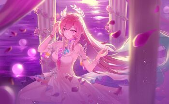 1girl commentary cyrene_(honkai:_star_rail) cyrene_(ripples_of_past_reverie)_(honkai:_star_rail) diamond-shaped_pupils diamond_(shape) dress ei835 flower hair_flower hair_ornament highres honkai:_star_rail honkai_(series) long_hair pink_hair pointy_ears purple_eyes smile solo symbol-only_commentary symbol-shaped_pupils very_long_hair white_dress