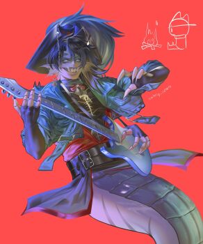 1boy belt black_gloves black_hair blue_eyes bow bowtie catnip_cataria chain claws corset denim denim_jacket elbow_gloves empty_eyes extra_arms extra_eyes fangs feet_out_of_frame fins gloves grin guitar hair_between_eyes hat head_fins high_collar highres instrument jacket looking_at_viewer male_focus music pirate_hat playing_guitar playing_instrument pressure_(roblox) print_shirt red_background red_vest sebastian_solace sharp_teeth shirt short_hair shoulder_spikes sidelocks simple_background skeleton_print smile solo spikes tail teeth vest