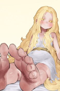 1boy absurdres blonde_hair blush braid colored_eyelashes crossdressing crossdressing_(mtf) dress ekrea_jan elden_ring feet foot_focus half-closed_eyes highres long_hair looking_at_viewer male_focus miquella_(elden_ring) perspective sitting smile soles solo toenails toes trap very_long_hair white_dress yellow_background yellow_eyes