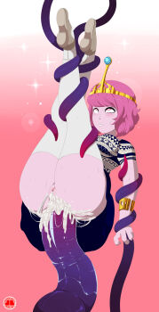 1girl adventure_time ahegao anal anus ass breasts cum cum_in_ass cum_on_ass cum_on_body cum_on_lower_body highres jlullaby large_insertion pink_eyes pink_hair princess_bonnibel_bubblegum pussy restrained tentacle_sex tentacles text_focus uncensored