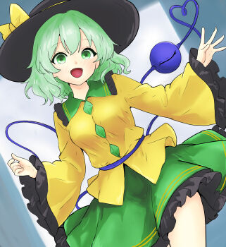Rule 34 | 1girl, :d, black hat, blouse, bow, buttons, commentary request, cowboy shot, diamond button, frilled skirt, frilled sleeves, frills, green eyes, green hair, green skirt, hat, hat bow, heart, heart of string, highres, hinben, koishi day, komeiji koishi, light blush, long sleeves, looking at viewer, open mouth, shirt, short hair, skirt, smile, solo, standing, third eye, touhou, wide sleeves, yellow bow, yellow shirt