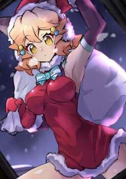 Rule 34 | 1girl, armpits, bow, bowtie, breasts, brown hair, carrying over shoulder, commentary request, covered navel, dress, fur-trimmed dress, fur-trimmed gloves, fur trim, gloves, green bow, green bowtie, hair bobbles, hair ornament, hat, highres, holding, holding sack, long hair, looking at viewer, medium breasts, mutsuki riichi, red dress, red gloves, sack, santa hat, senki zesshou symphogear, solo, striped bow, striped bowtie, striped clothes, tachibana hibiki (symphogear), thighhighs, very long hair