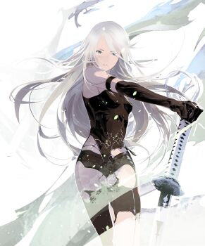 1girl a2_(nier:automata) android armlet asymmetrical_legwear black_gloves black_shorts black_tank_top black_thighhighs breasts closed_mouth cofffee cowboy_shot elbow_gloves gloves grey_eyes holding holding_sword holding_weapon jewelry joints katana light_particles long_hair looking_at_viewer medium_breasts mismatched_legwear mole mole_under_mouth nier:automata nier_(series) parted_bangs robot_joints short_shorts shorts simple_background single_thighhigh solo standing sword tank_top thighhighs virtuous_contract weapon white_background white_hair