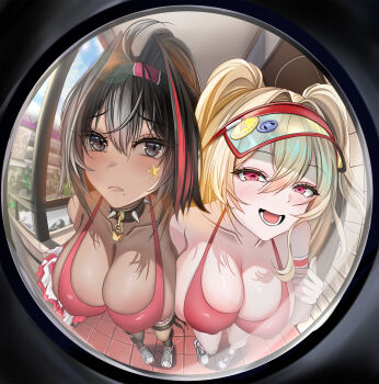 Rule 34 | 2girls, absurdres, bare shoulders, bay (nikke), bikini, bikini top only, black hair, blonde hair, breasts, cheerleader, choker, clay (nikke), cleavage, closed mouth, collarbone, commentary request, dark-skinned female, dark skin, fang, fisheye, goddess of victory: nikke, hair behind ear, highres, holding, holding pom poms, indoors, kaminoringo, large breasts, light blush, lock, long hair, looking at viewer, lower teeth only, miniskirt, mole, mole on breast, mole under mouth, multiple girls, open mouth, pale skin, pom pom (cheerleading), pom poms, ponytail, red bikini, red eyes, revision, rewind (nikke), shadow, shoes, skirt, sneakers, swimsuit, teeth, twintails, visor cap